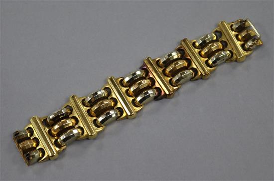 A Continental 18ct three colour gold triple band bracelet, 20cm, gross 77.3 grams